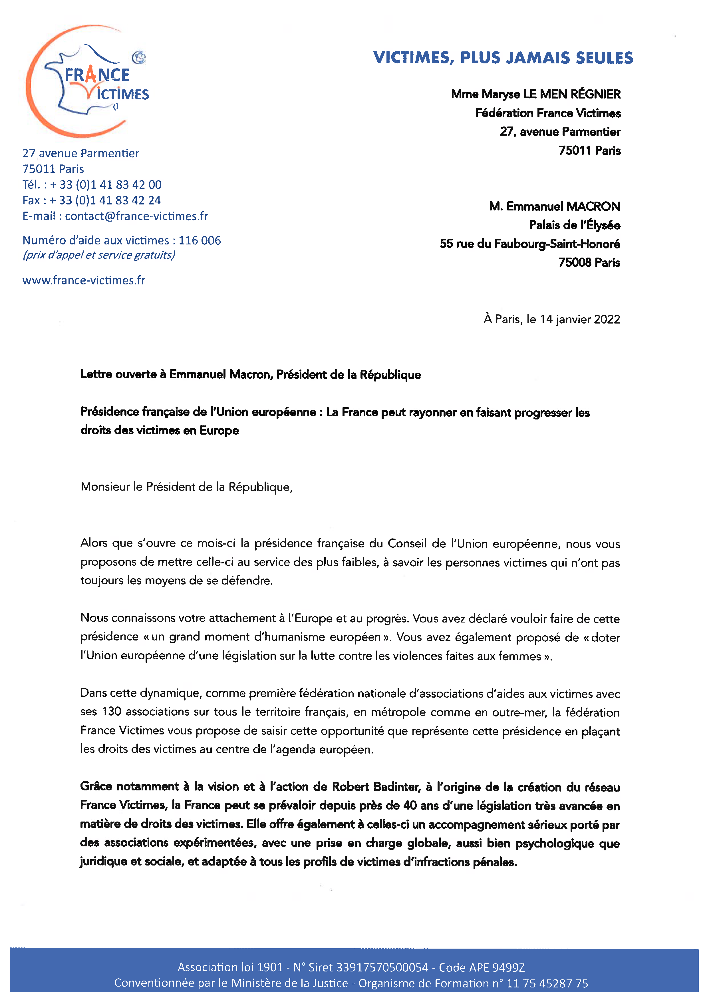 Lettre ouverte au Président de la République - France Victimes